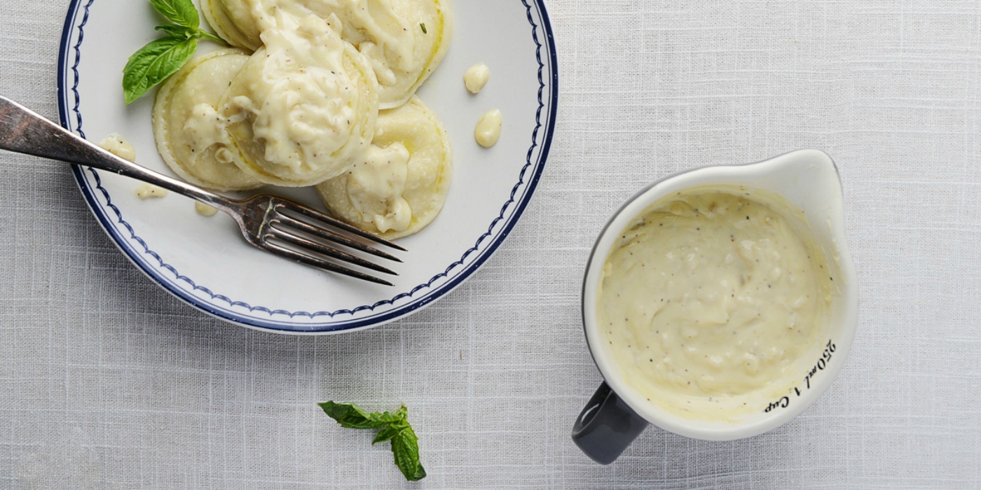 Basil Ravioli with Creamy Shallot Sauce