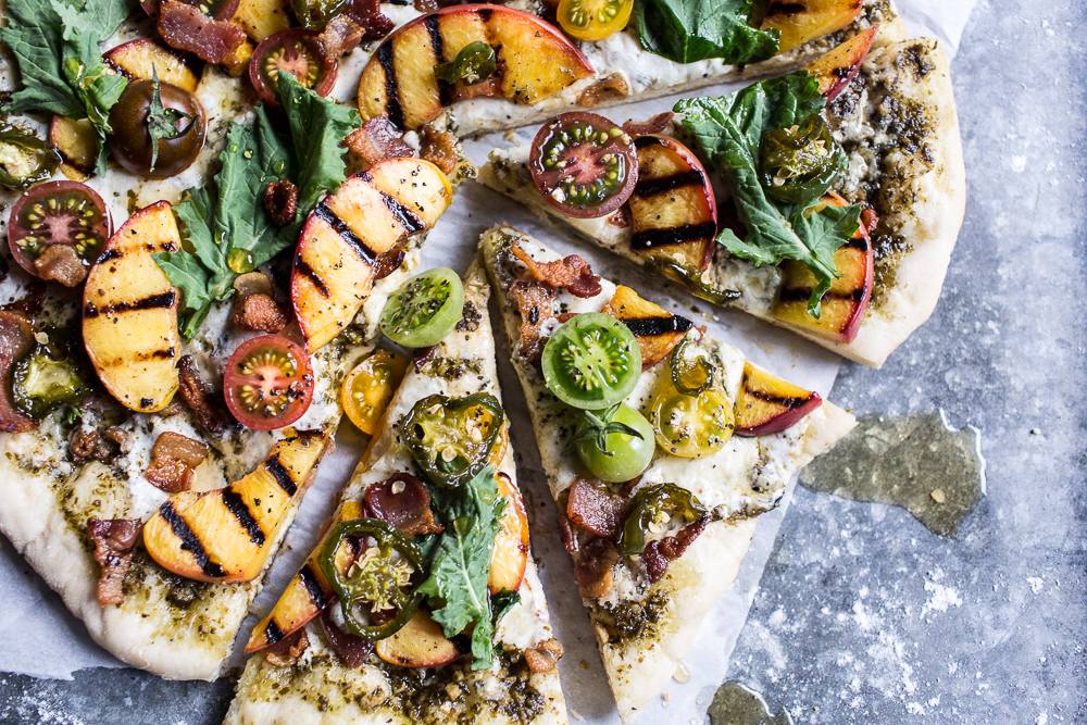 BLT Grilled Peach Pizza with Jalapeño Honey & Gorgonzola