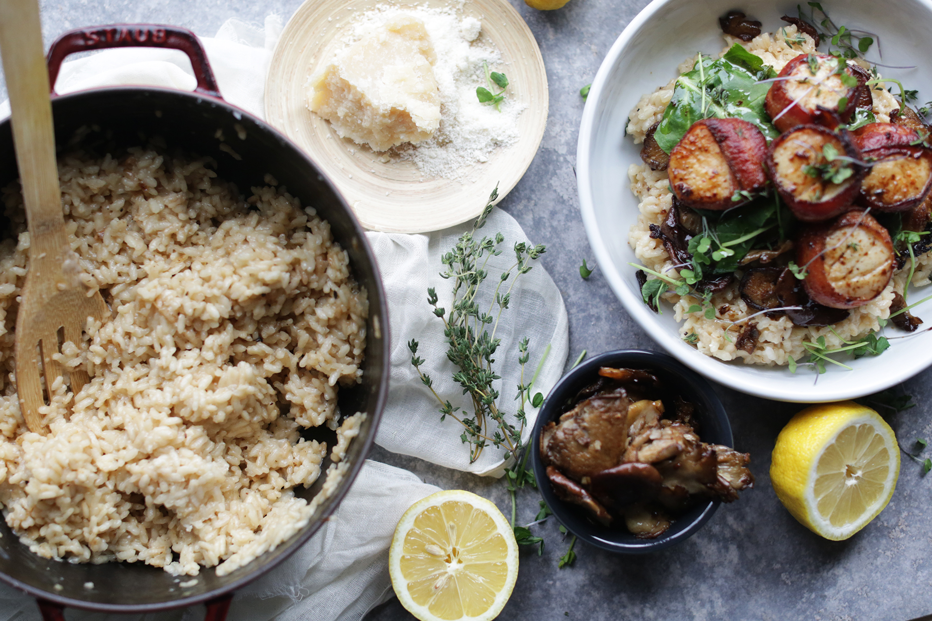 Bacon Wrapped Scallops with Parmesan Risotto