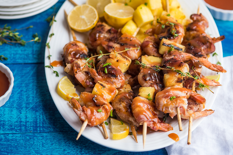 30-Minute Bacon Wrapped Shrimp Skewers with Sticky Honey Garlic Sauce