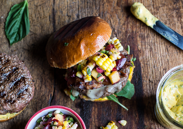 Brie Stuffed Burgers with Sweet Chili Mayo & Corn Salsa