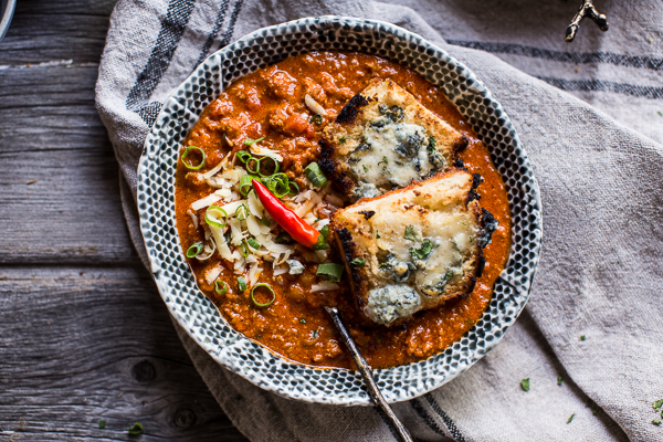 Buffalo Chicken Chili & Blue Cheese Beer Bread Toast