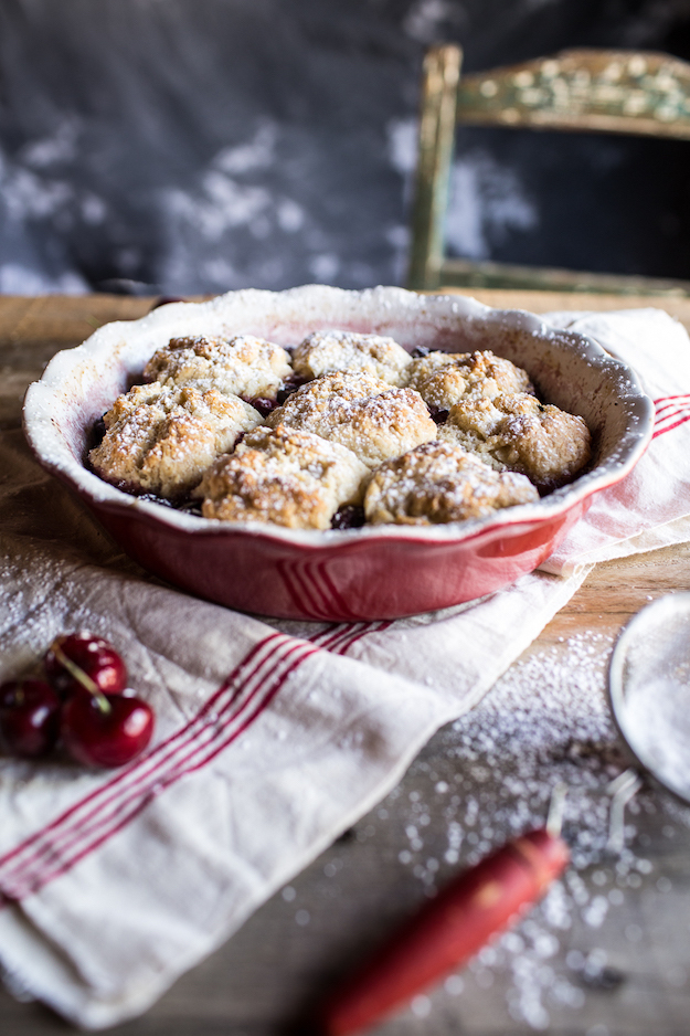 Cherry Cobbler Topped with Honey Butter Vanilla Bean Biscuits