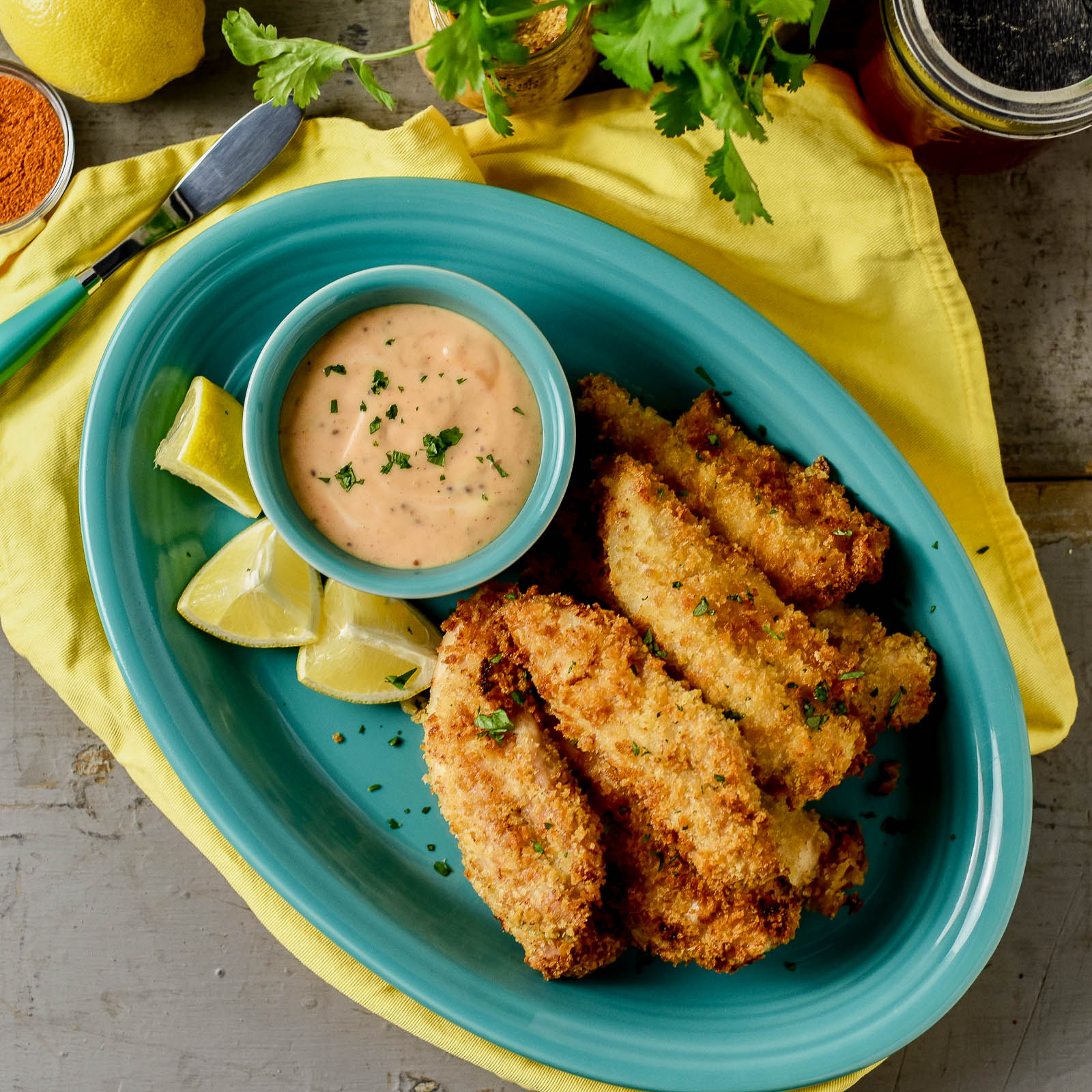 Air-Fried Spicy Chicken Fingers with Sriracha Honey Mustard