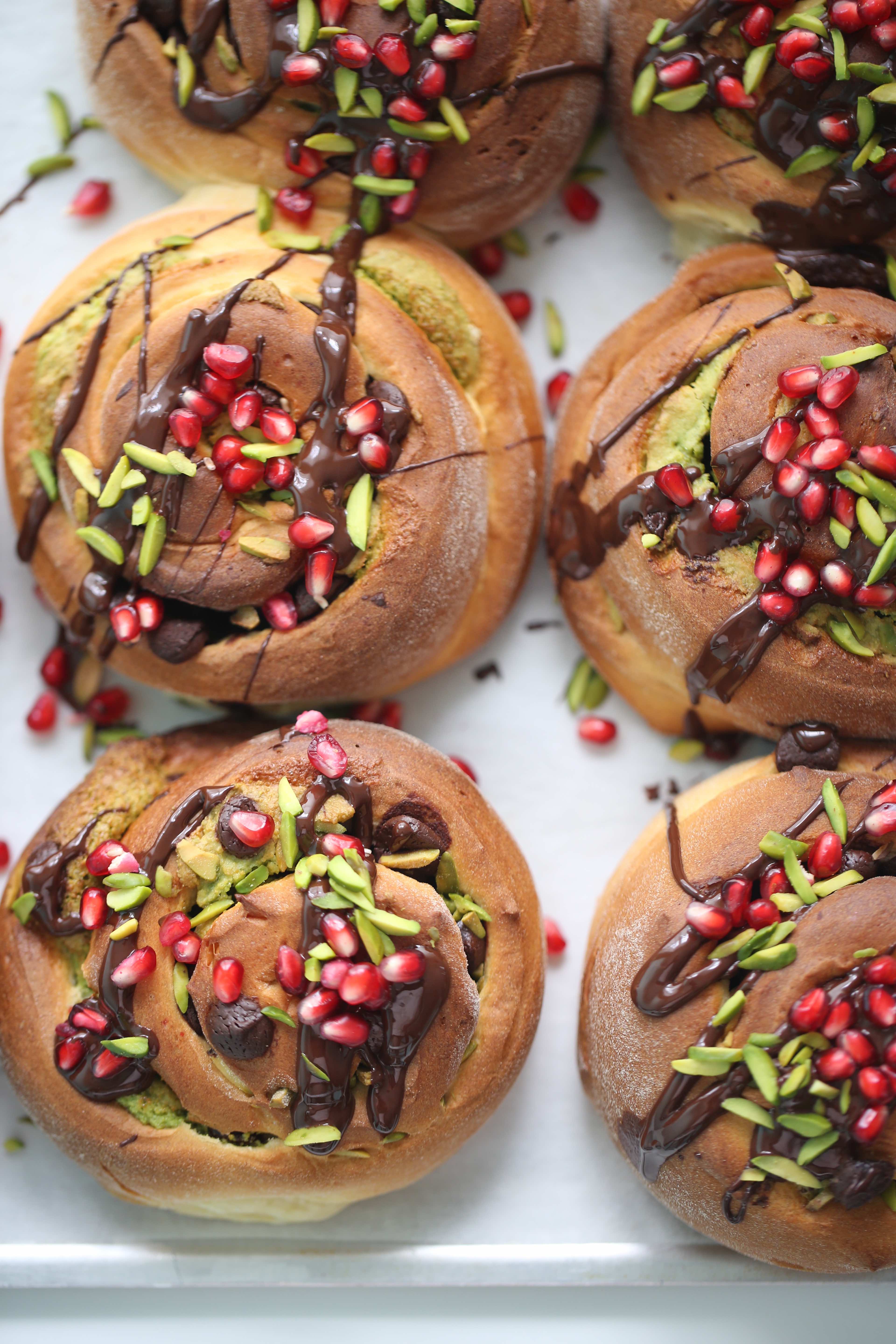 Pistachio Rolls with Chocolate & Pomegranate