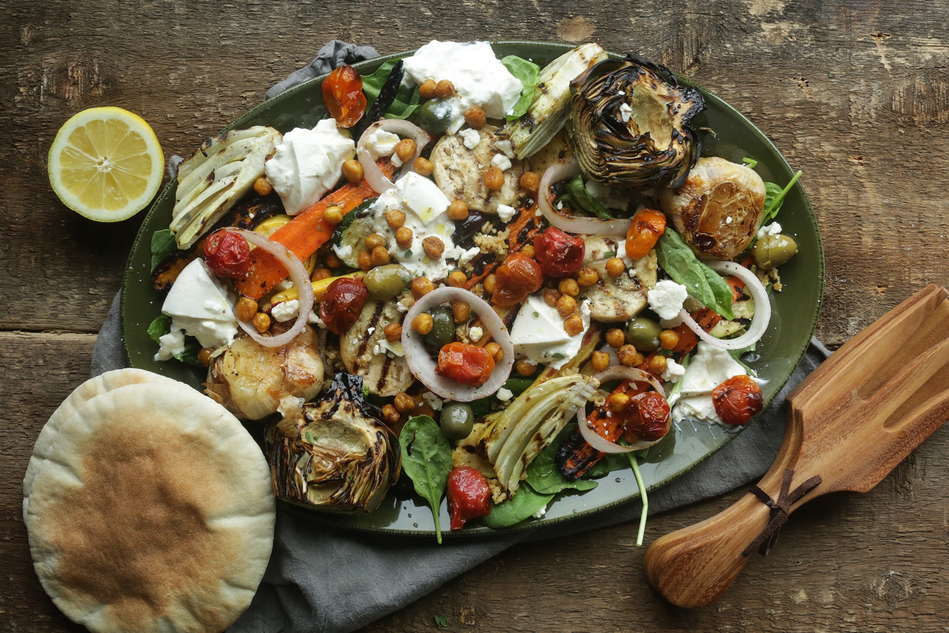 Mediterranean Freekeh Salad with Roasted Vegetables & Turmeric Chickpeas