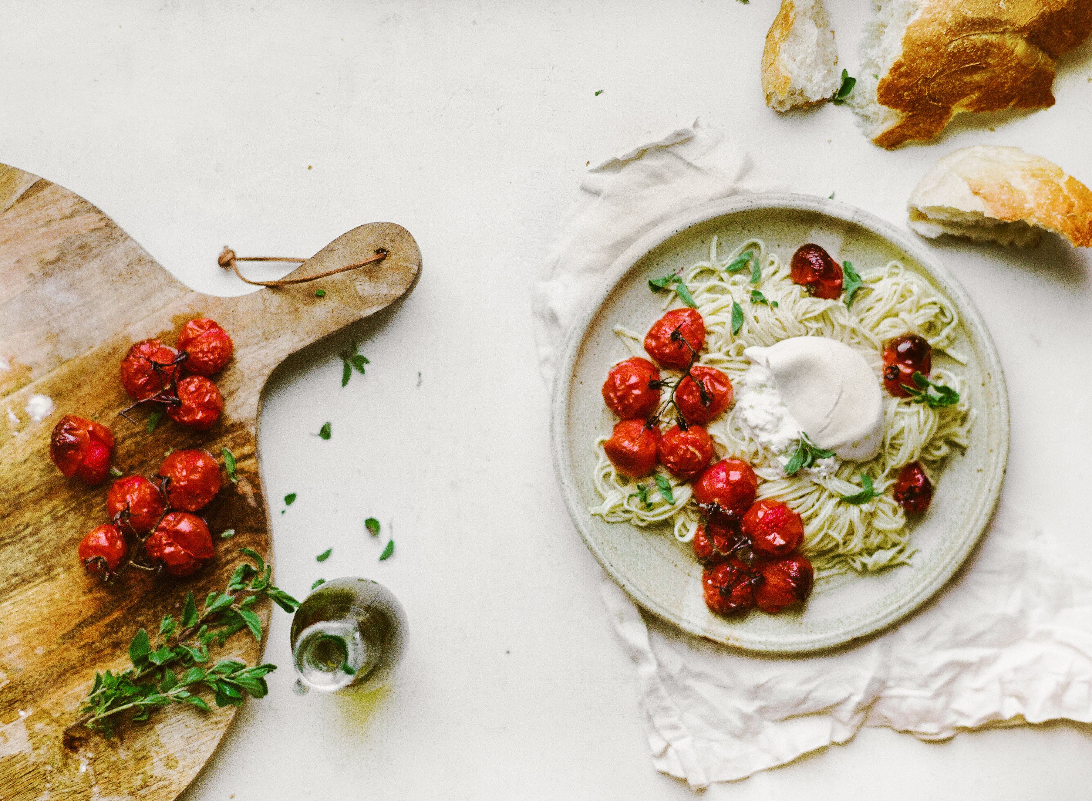 Egg Noodle Pasta with Roasted Vine Tomatoes, Burrata & Fresh Oregano