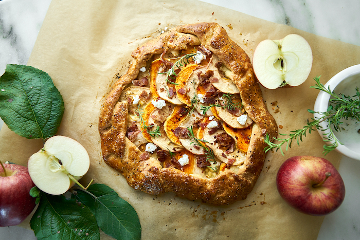 Savory Fall Galette with Sweet Potatoes, Fuji Apples & Goat Cheese