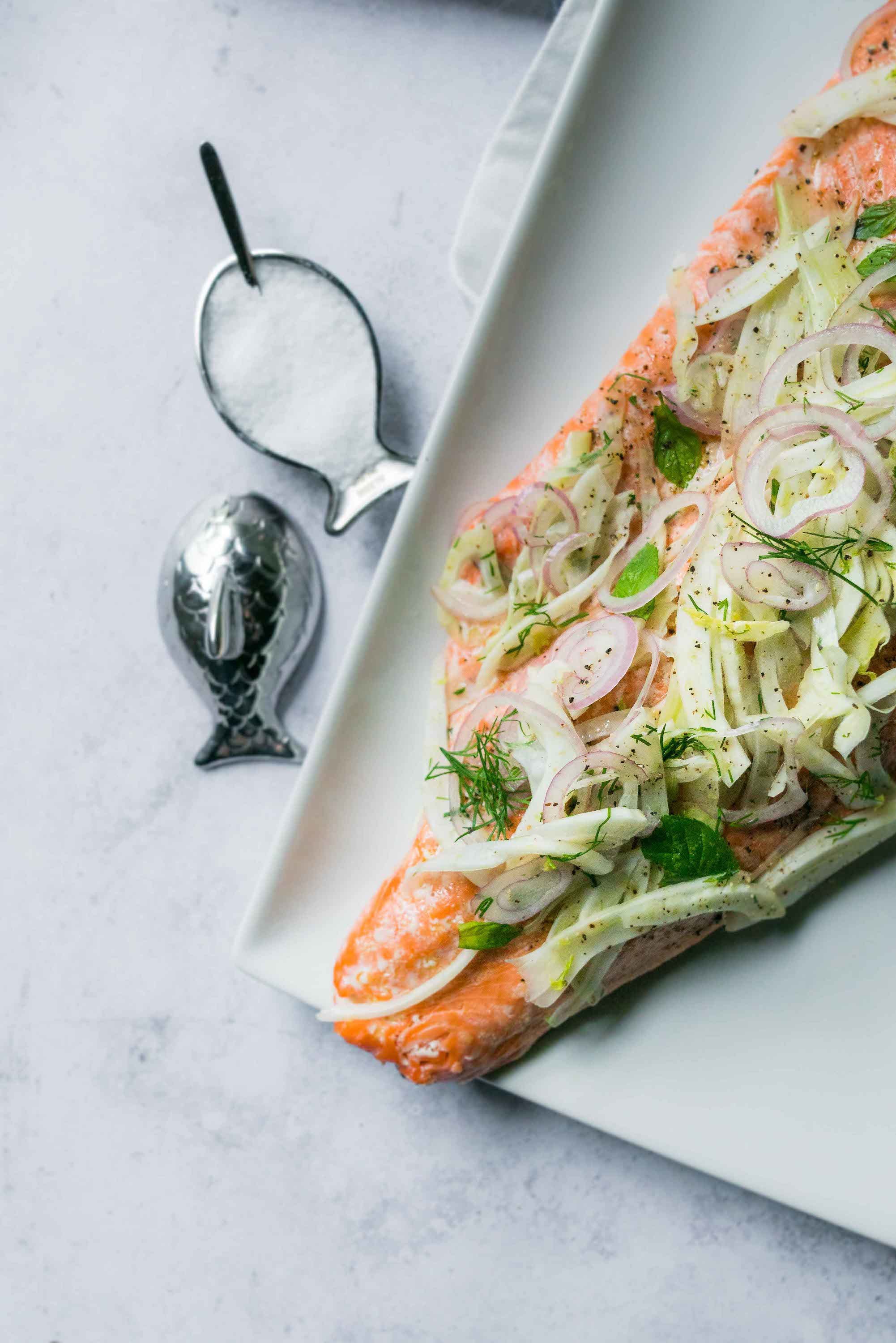 Shaved Fennel Salad Over Salmon