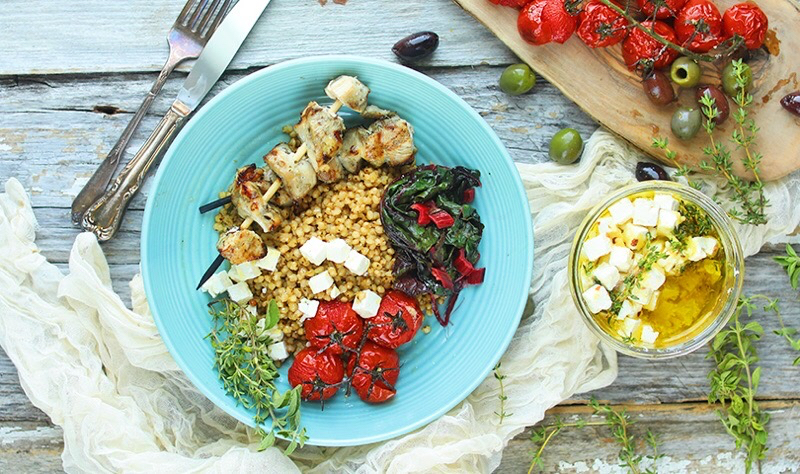 Mediterranean Sorghum Bowl with Chicken and Marinated Feta Cheese