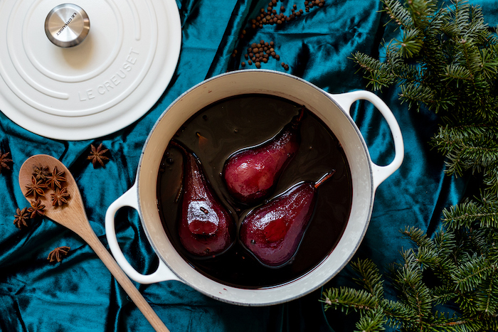 Boozy & Festive Wine Poached Pears