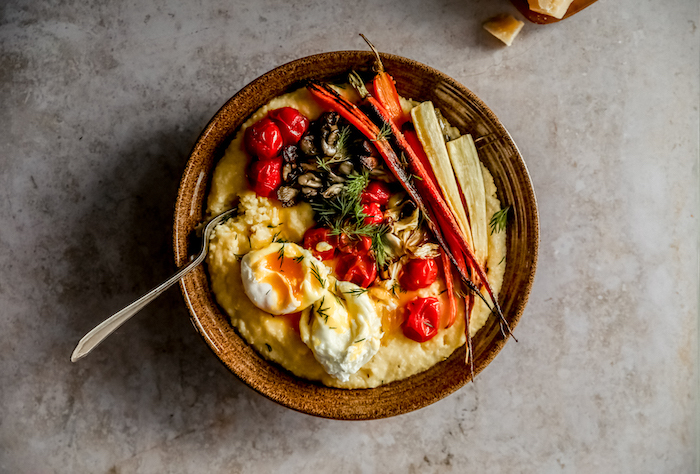 Easy Polenta and Roasted Vegetables with Poached Eggs & Dill