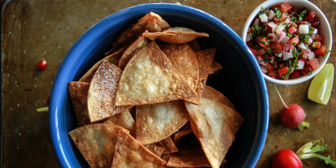 Radish-Pomegranate Pico de Gallo + Homemade Spiced Tortilla Chips