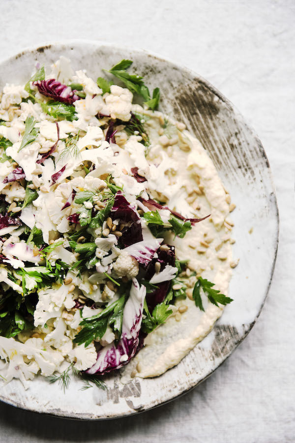 Shaved Cauliflower Salad with Smoked Whitefish, Mayo, Lemon, Radicchio & Herbs