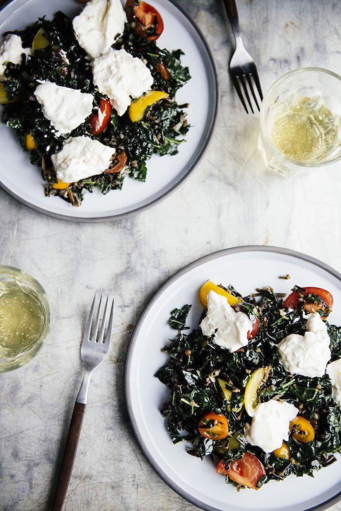 Massaged Kale with Tomatoes, Creamed Mozzarella, and Wild Rice