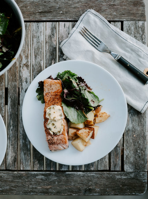 Salt Plank Grilled Salmon with a Simple Lemon Caper Compound Butter