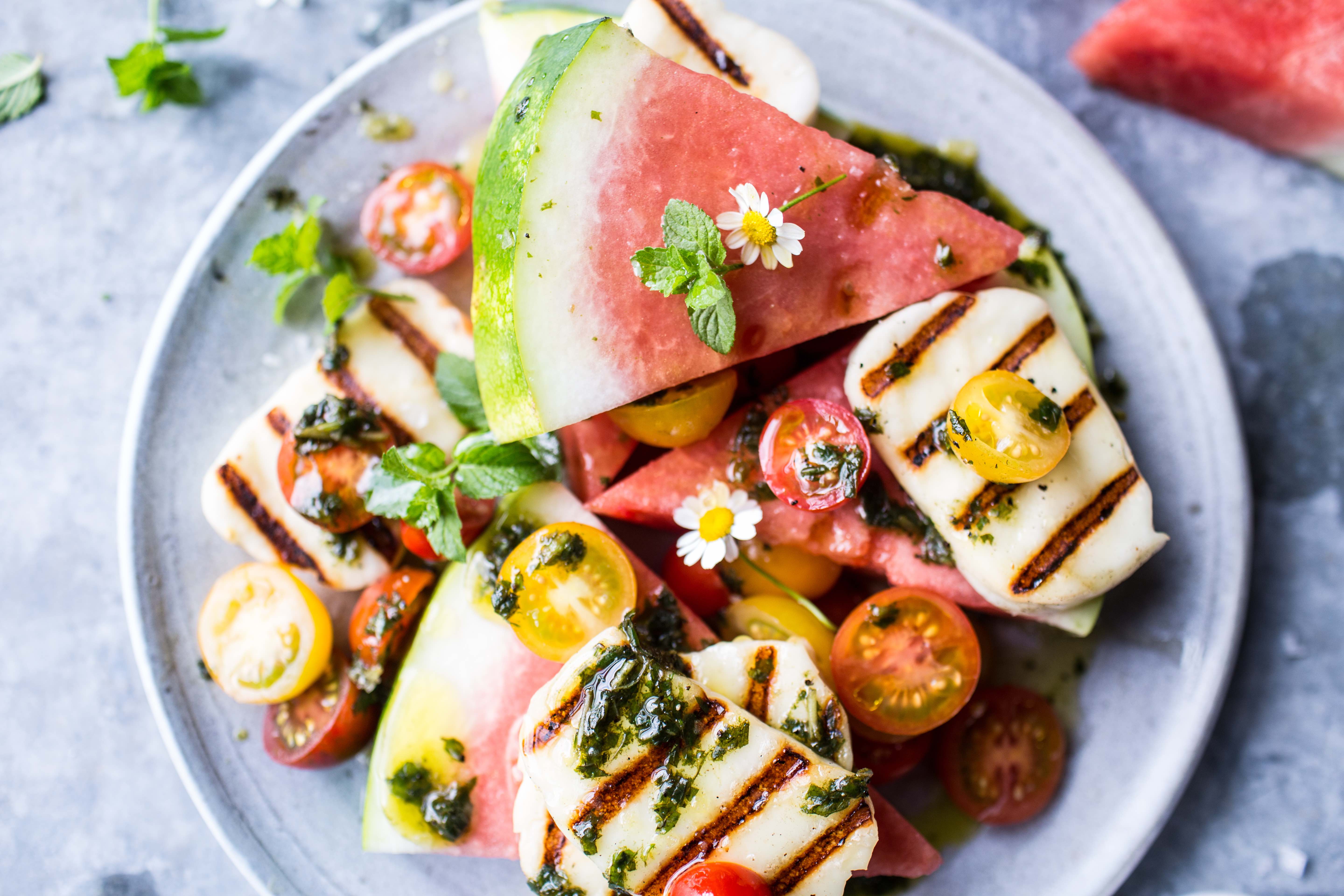 Grilled Halloumi and Watermelon Salad with Basil Oil