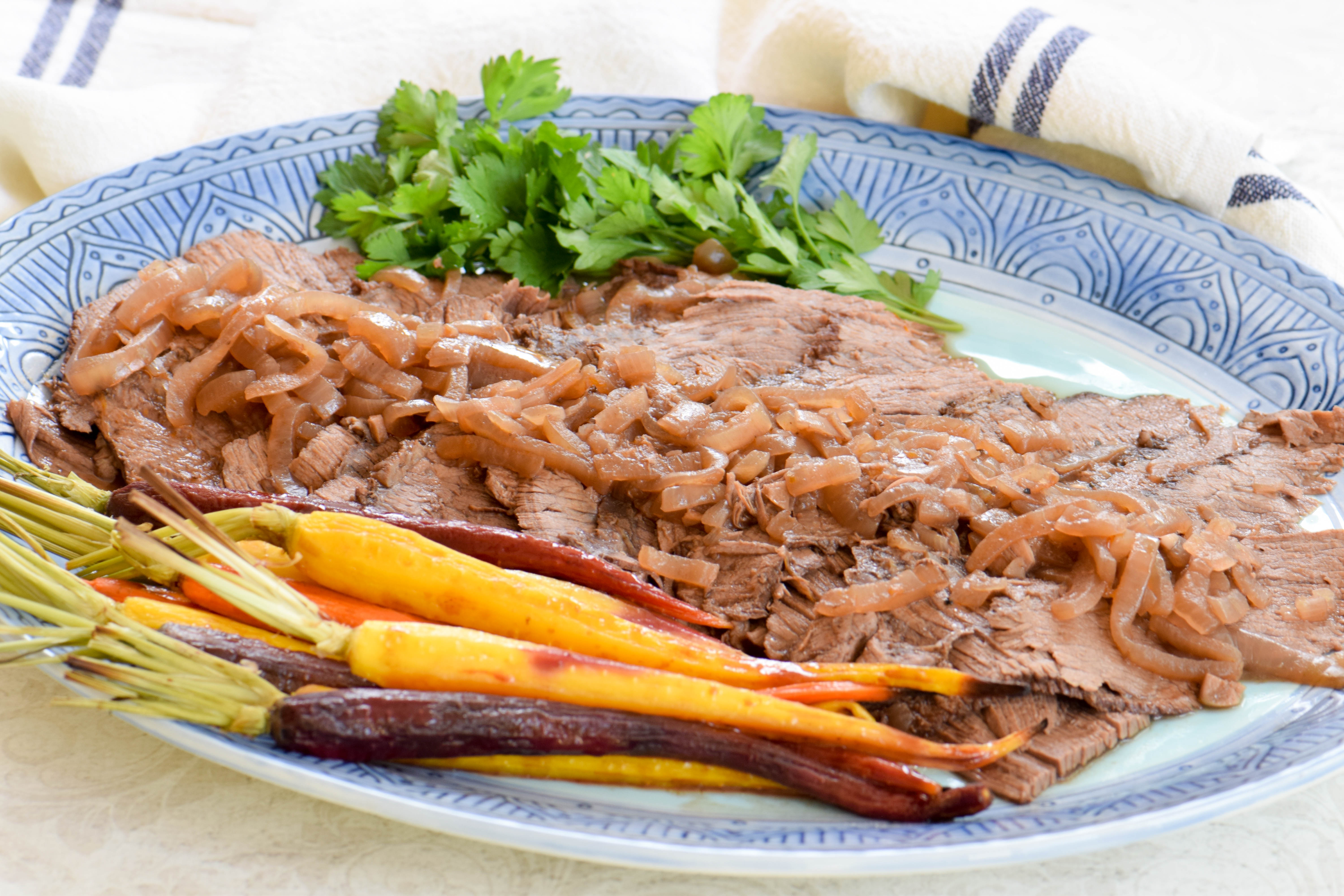 Braised Beef Brisket & Roasted Carrots with a Pomegranate-Honey Glaze for Rosh Hashanah