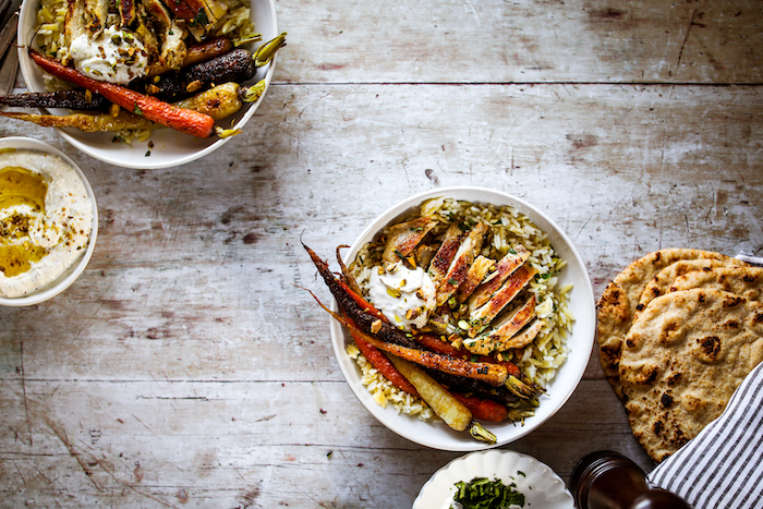 Dukkah Marinated Chicken Thighs with Rice Pilaf and Roasted Carrots