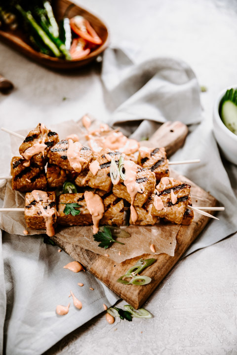Grilled Tempeh Bites with Harissa Dipping Sauce