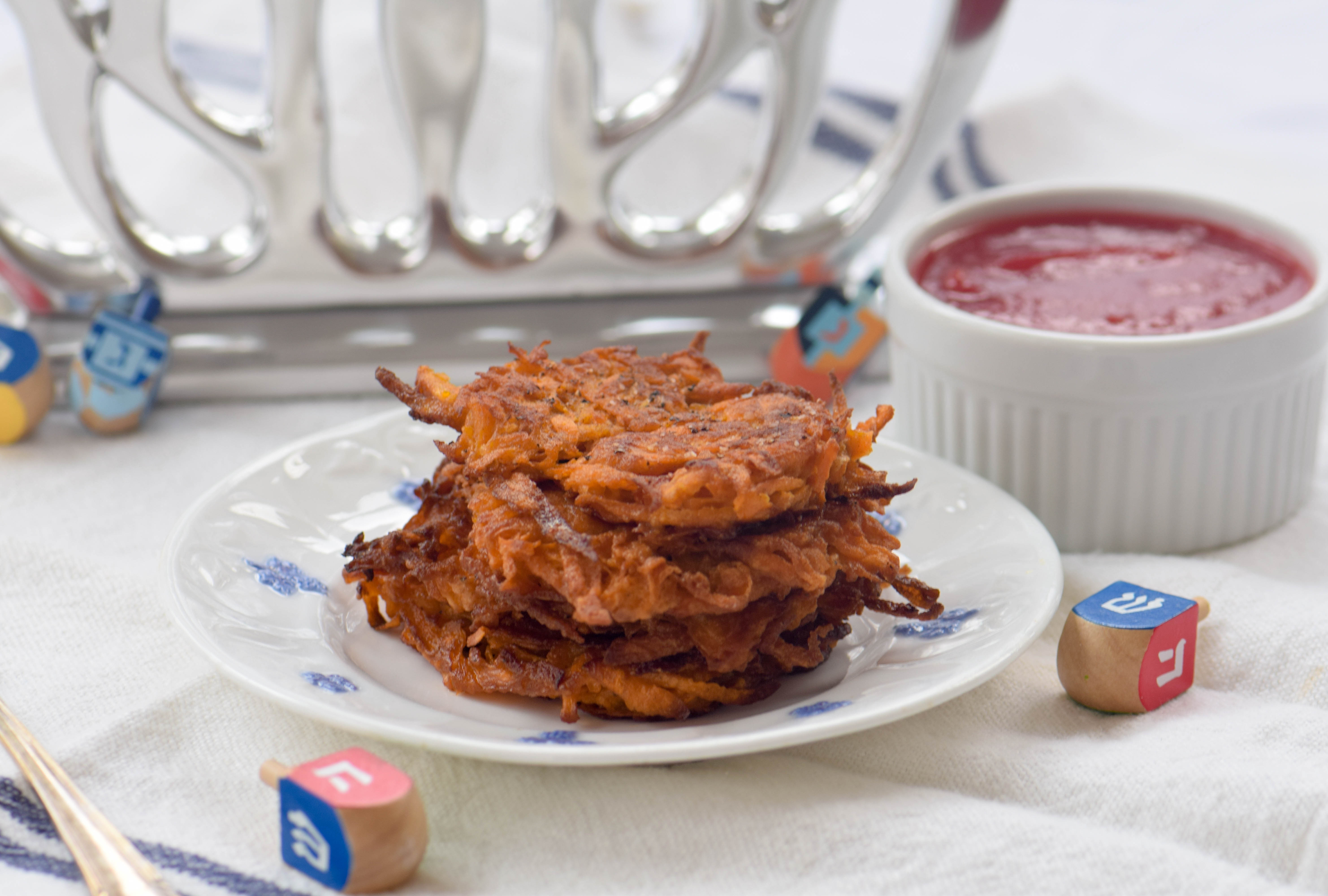 An American Hanukkah Meal: Sweet Potato Latkes and Cranberry Applesauce