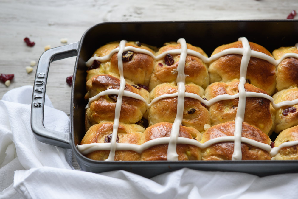 Cranberry White Chocolate Macadamia Hot Cross Buns