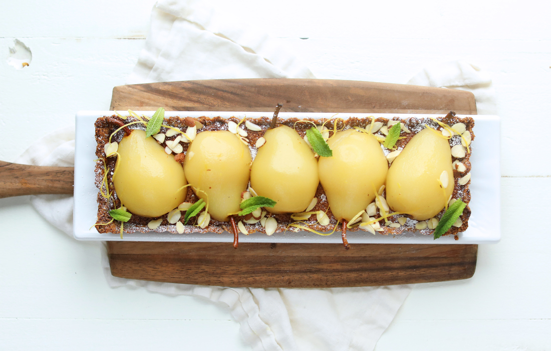 White Wine Poached Pear Tart with Frangipane