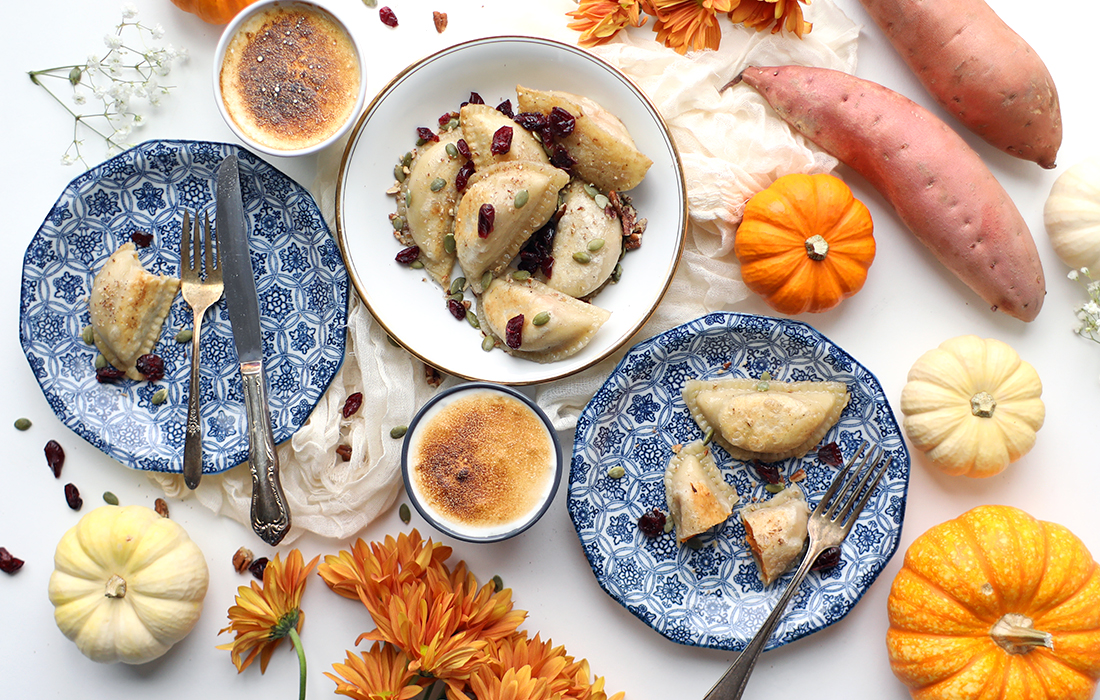 Pumpkin Sweet Potato Pierogis with Marshmallow Sauce & Pecans