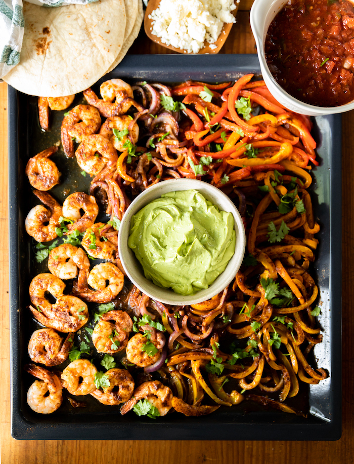 Sheet Pan Shrimp Fajitas With Avocado Crema