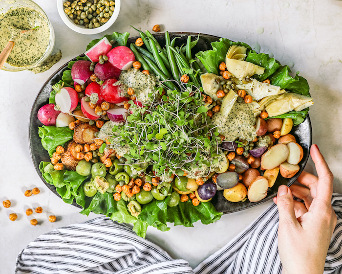 Vegan Niçoise Salad with Crispy Chickpeas and Mushroom “Scallops”